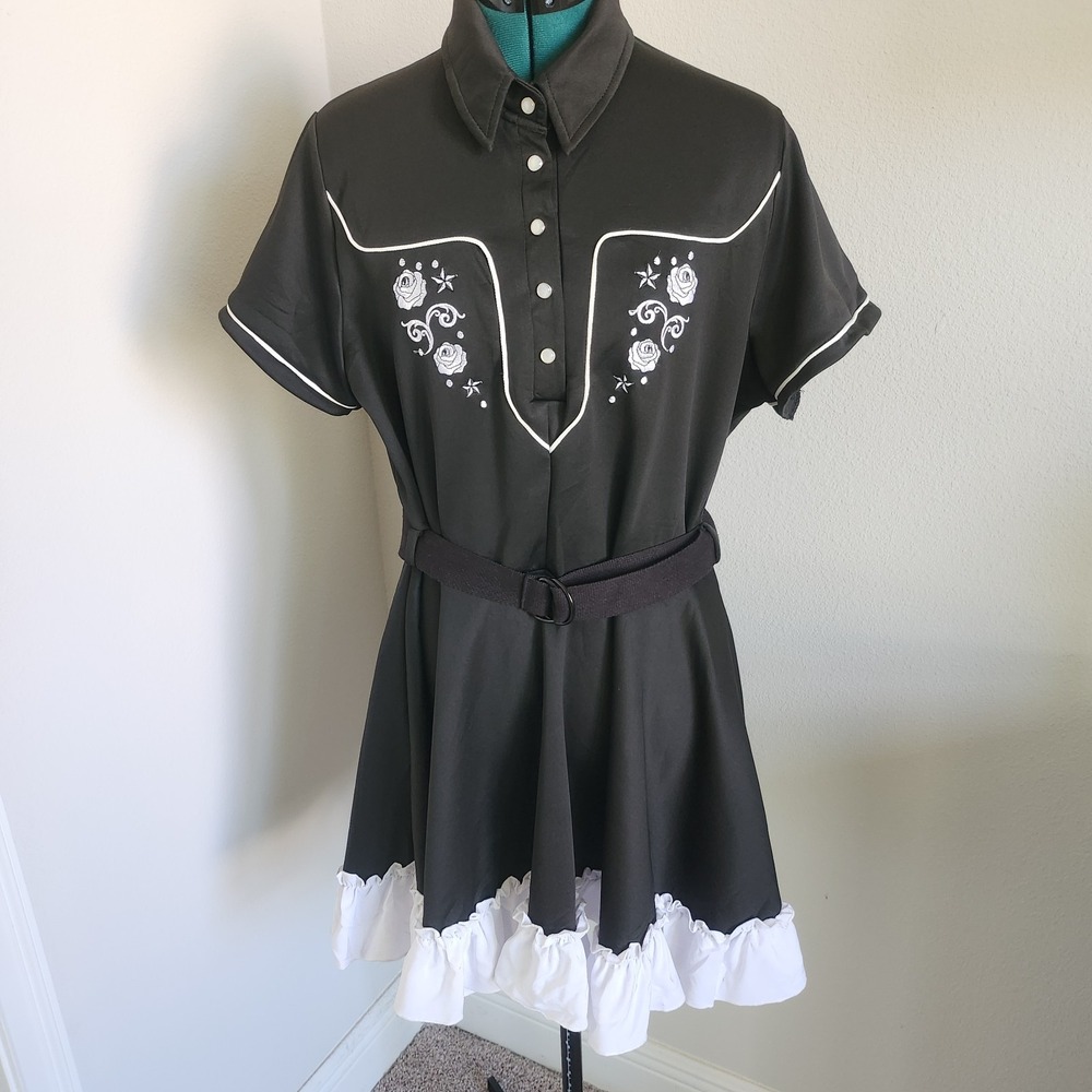 Spirit Fit and Flare Dress Womens XL Black Western Floral Embroidery Goth Ruffle